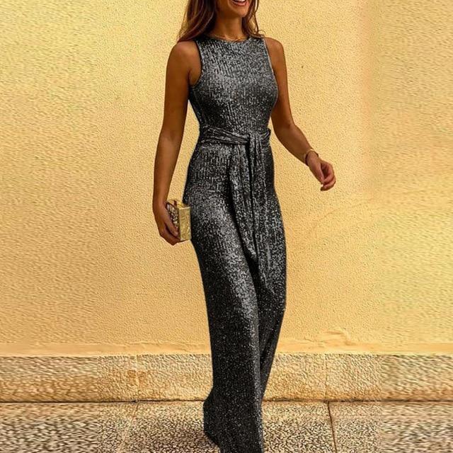 2020 Spring Summer Jumpsuits Women Sexy Sleeveless Elegant Sequin Jumpsuit Backless Glitter Shiny Party Bodysuit Playsuit Belt