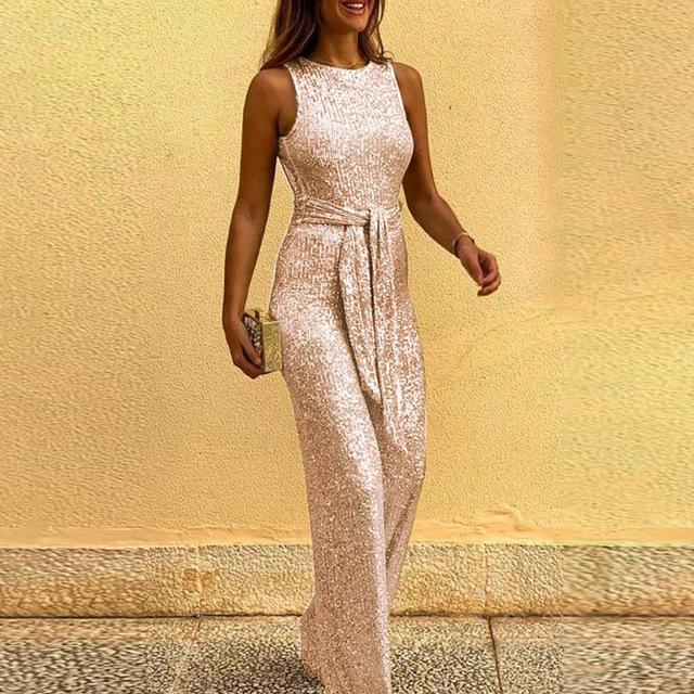 2020 Spring Summer Jumpsuits Women Sexy Sleeveless Elegant Sequin Jumpsuit Backless Glitter Shiny Party Bodysuit Playsuit Belt