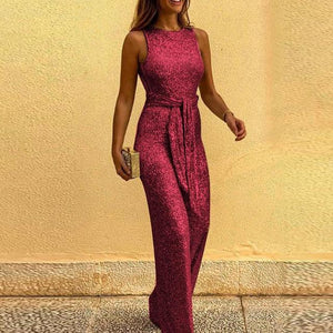 2020 Spring Summer Jumpsuits Women Sexy Sleeveless Elegant Sequin Jumpsuit Backless Glitter Shiny Party Bodysuit Playsuit Belt