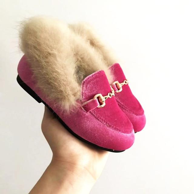 Winter Kids Fur Shoes Baby Girls Warm Flats Children Pu Leather Princess Shoes