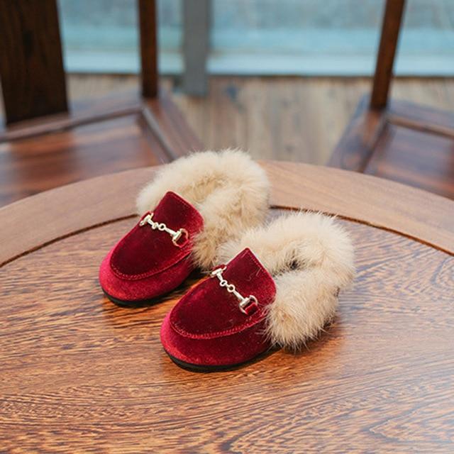 Winter Kids Fur Shoes Baby Girls Warm Flats Children Pu Leather Princess Shoes