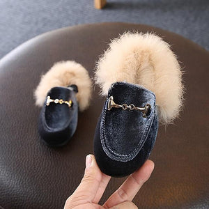 Winter Kids Fur Shoes Baby Girls Warm Flats Children Pu Leather Princess Shoes