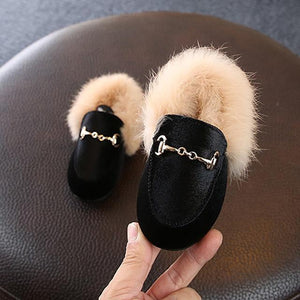 Winter Kids Fur Shoes Baby Girls Warm Flats Children Pu Leather Princess Shoes