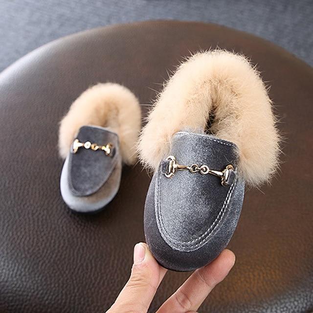 Winter Kids Fur Shoes Baby Girls Warm Flats Children Pu Leather Princess Shoes