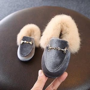 Winter Kids Fur Shoes Baby Girls Warm Flats Children Pu Leather Princess Shoes