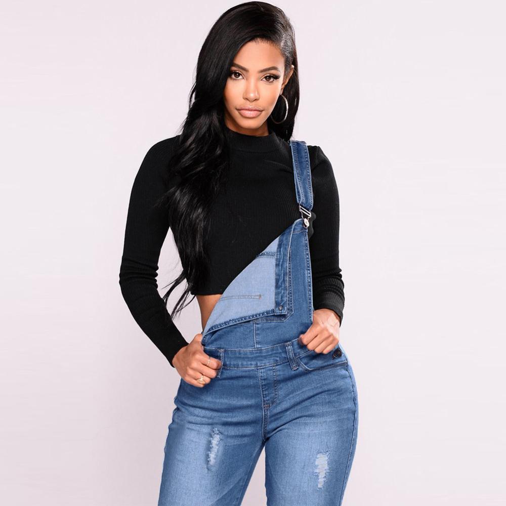 2019 New Women Denim Overalls Ripped Stretch Dungarees High Waist Long Jeans Pencil Pants Rompers Jumpsuit Blue Jeans Playsuit