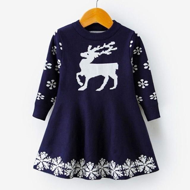 Kids Dresses For Girls Long Sleeve Deer Snowflake Print Dress