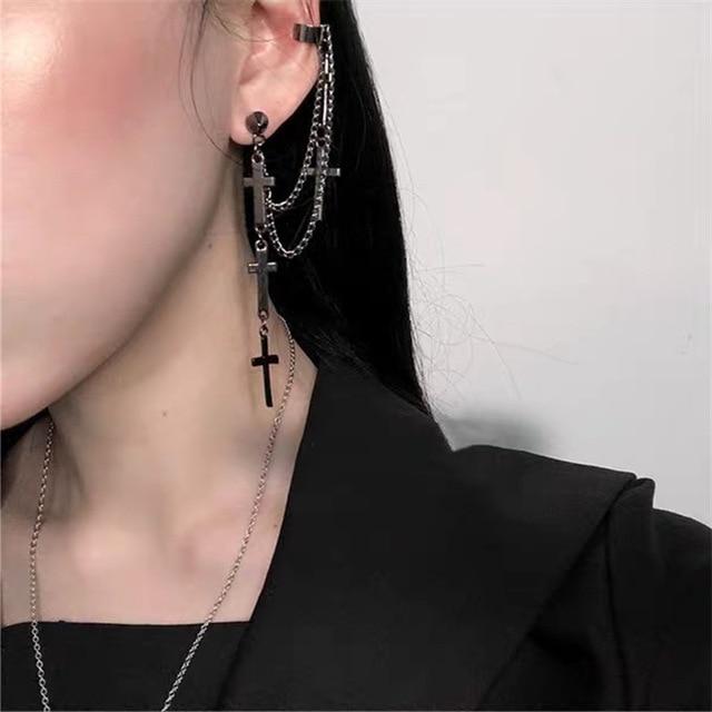 1PC European Style Fashion Vintage Long Chain Cross Zipper Drop Earrings