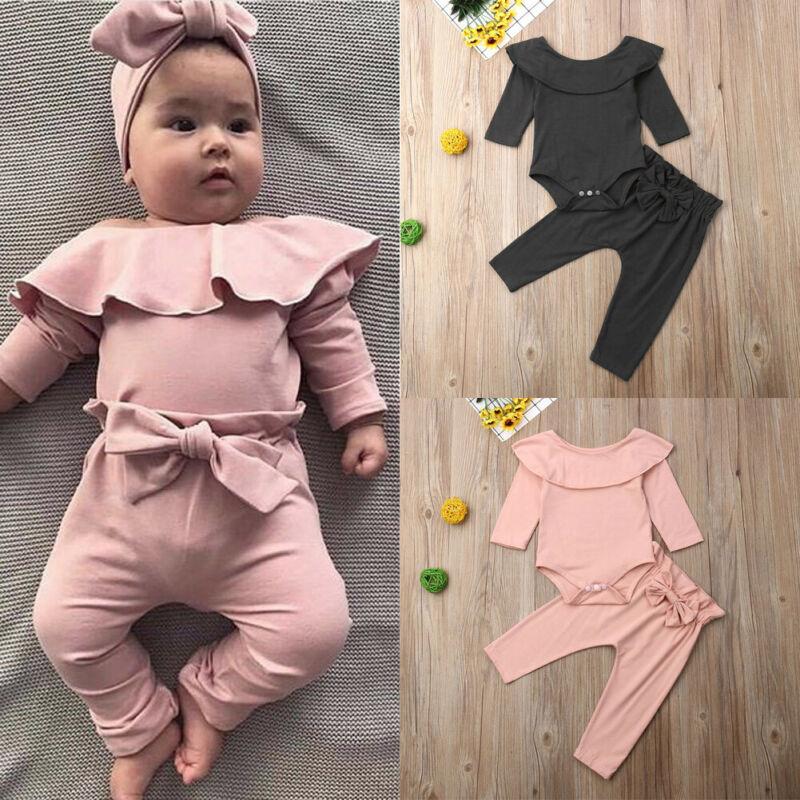 2Pcs Toddler Kids Baby Girl Ruffle Bodysuit Romper Top Solid Bowknot Pants