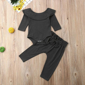 2Pcs Toddler Kids Baby Girl Ruffle Bodysuit Romper Top Solid Bowknot Pants