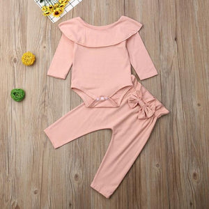 2Pcs Toddler Kids Baby Girl Ruffle Bodysuit Romper Top Solid Bowknot Pants