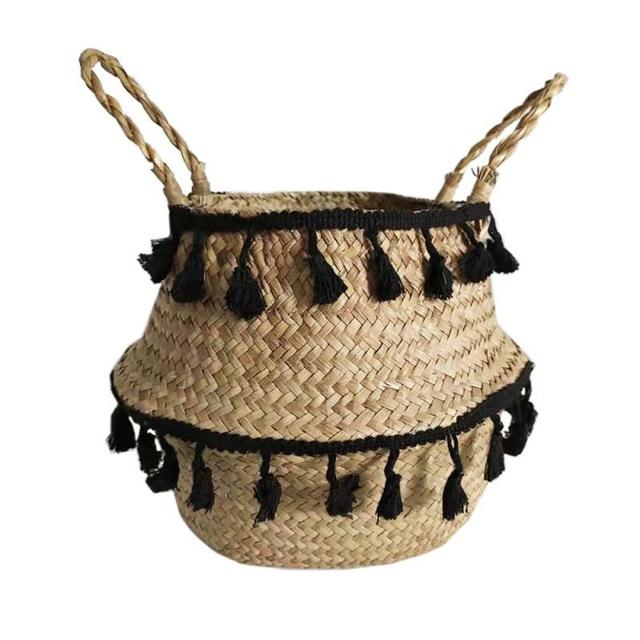 Handmade Bamboo Storage Baskets Seagrass Wicker Basket Garden Flower Pot Laundry Basket Container Toy Holder with White Tassel