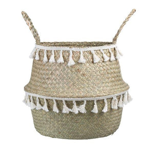 Handmade Bamboo Storage Baskets Seagrass Wicker Basket Garden Flower Pot Laundry Basket Container Toy Holder with White Tassel