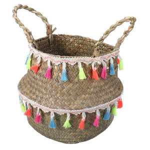 Handmade Bamboo Storage Baskets Seagrass Wicker Basket Garden Flower Pot Laundry Basket Container Toy Holder with White Tassel