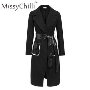 MissyChilli Black sexy coat long Pu leather belt warm elegant outwear Women autumn winter elegant v neck trench blend coat