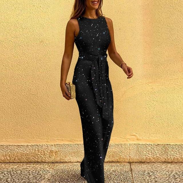 2020 Spring Summer Jumpsuits Women Sexy Sleeveless Elegant Sequin Jumpsuit Backless Glitter Shiny Party Bodysuit Playsuit Belt