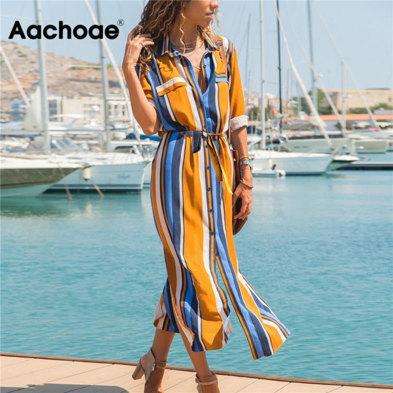 2019 Turn Down Collar Office Ladies Stripe Shirt Dress Long Boho Beach Dress Casual Long Sleeve Elegant Party Dress Vestidos