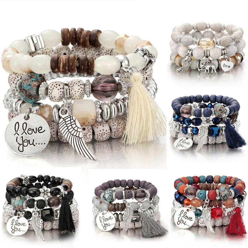 Multilayer Crystal Lava Stone Beads Wing Tassel Bracelet