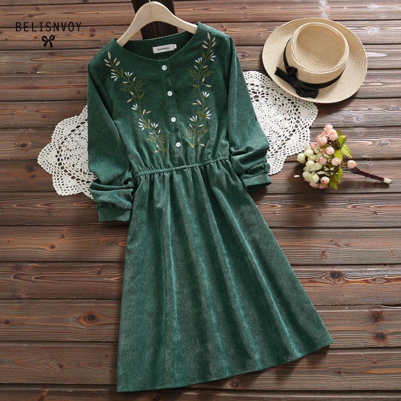 8 Styles Mori Girl Vintage Corduroy Women Shirt Dress Floral Embroidery Elegant Autumn Winter Christmas gift Dresses Midi Dress