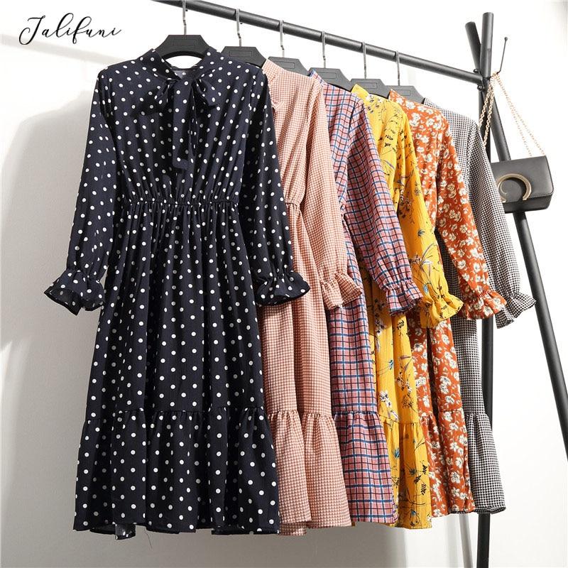 Women Casual Autumn Dress Lady Korean Style Vintage Floral Printed Chiffon Shirt Dress Winter Long Sleeve Bow Midi Dress Vestido