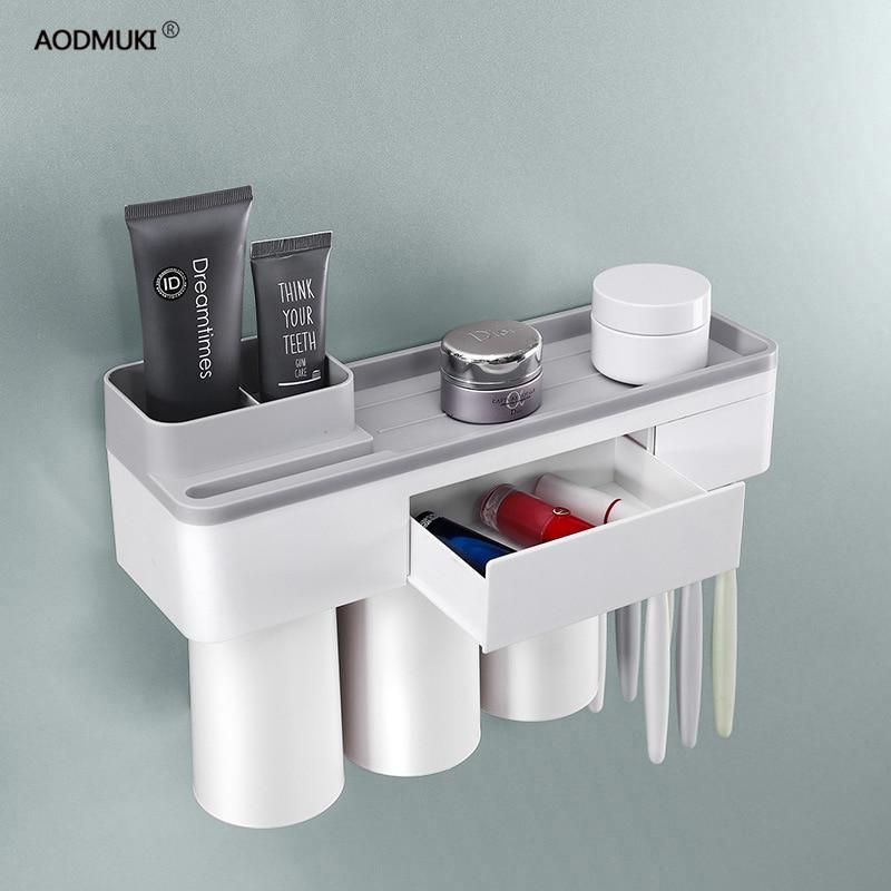 Toothbrush holder bathroom accessories toothpaste storage organizer glass for toothbrushes shelf magnetic adsorption With cup