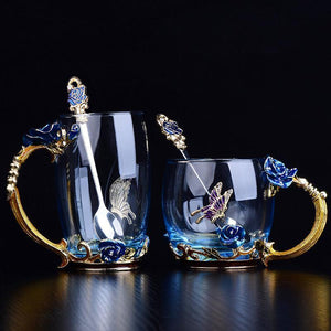 Cup Blue Rose Enamel Crystal Cup Flower Tea Glass