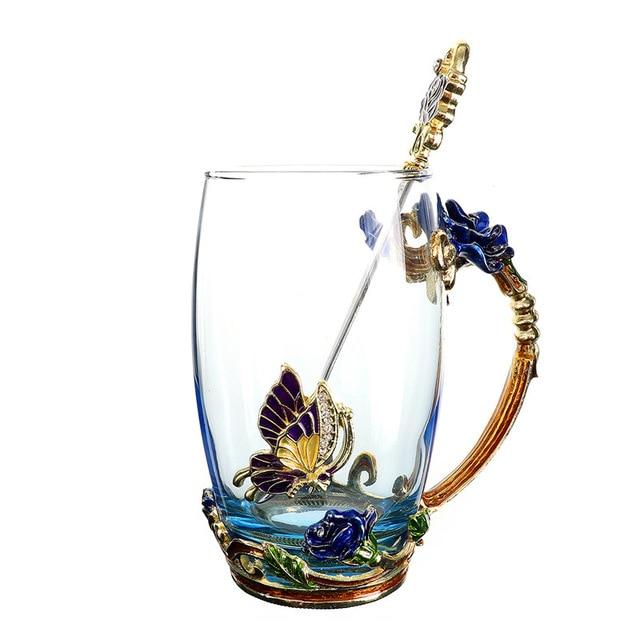 Cup Blue Rose Enamel Crystal Cup Flower Tea Glass