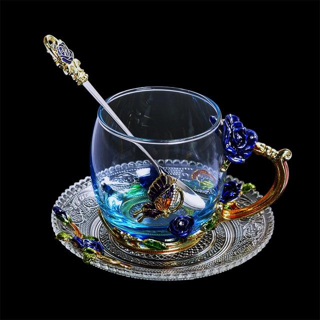 Cup Blue Rose Enamel Crystal Cup Flower Tea Glass