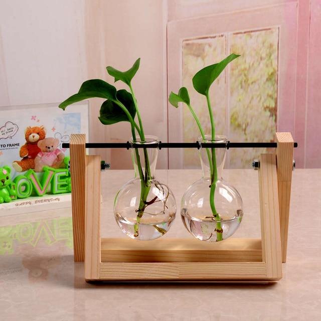 Terrarium Creative Hydroponic Plant Transparent Vase Wooden Frame Vase Decorations Glass Tabletop Plant Bonsai Decor Flower Vase