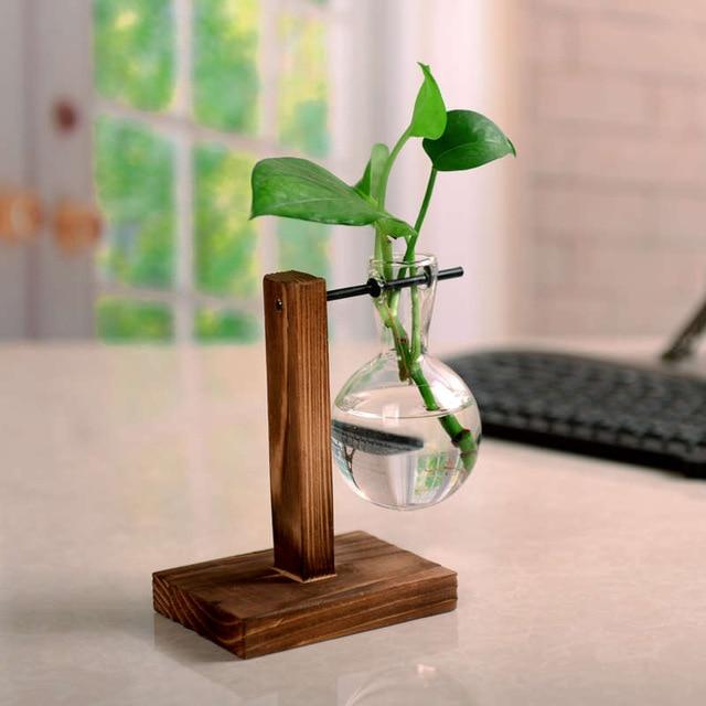 Terrarium Creative Hydroponic Plant Transparent Vase Wooden Frame Vase Decorations Glass Tabletop Plant Bonsai Decor Flower Vase