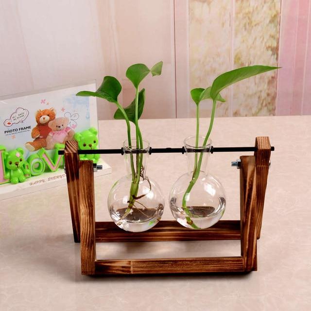 Terrarium Creative Hydroponic Plant Transparent Vase Wooden Frame Vase Decorations Glass Tabletop Plant Bonsai Decor Flower Vase