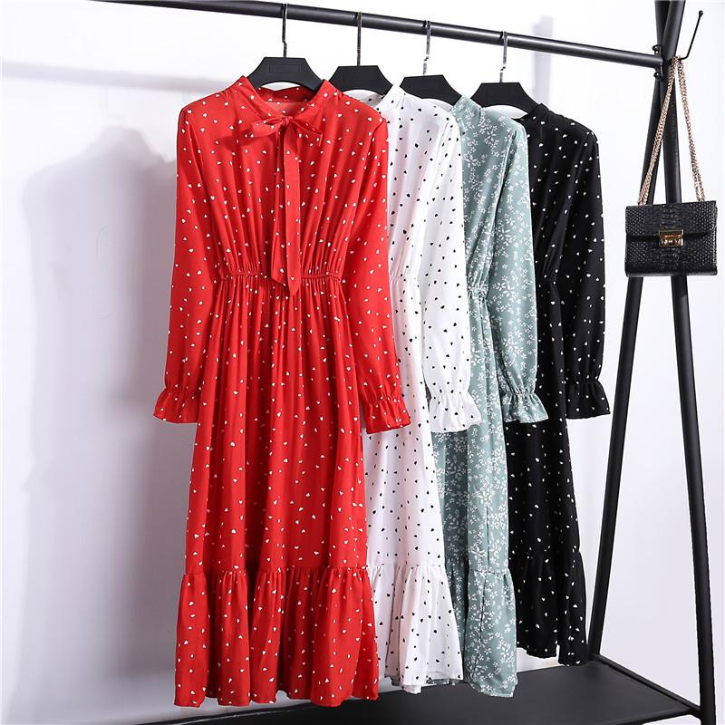 2019 Spring Women Dress For Ladies Long Sleeve Polka Dot Vintage Chiffon Shirt Dress Casual Black Red Floral Autumn Midi Dress