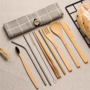 Tableware Set Bamboo Cutlery Set Wood Straw with Travel Cloth Bag Wooden Spoon Fork Knife Dinnerware Set Wholesale