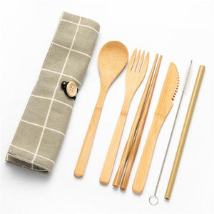 Tableware Set Bamboo Cutlery Set Wood Straw with Travel Cloth Bag Wooden Spoon Fork Knife Dinnerware Set Wholesale