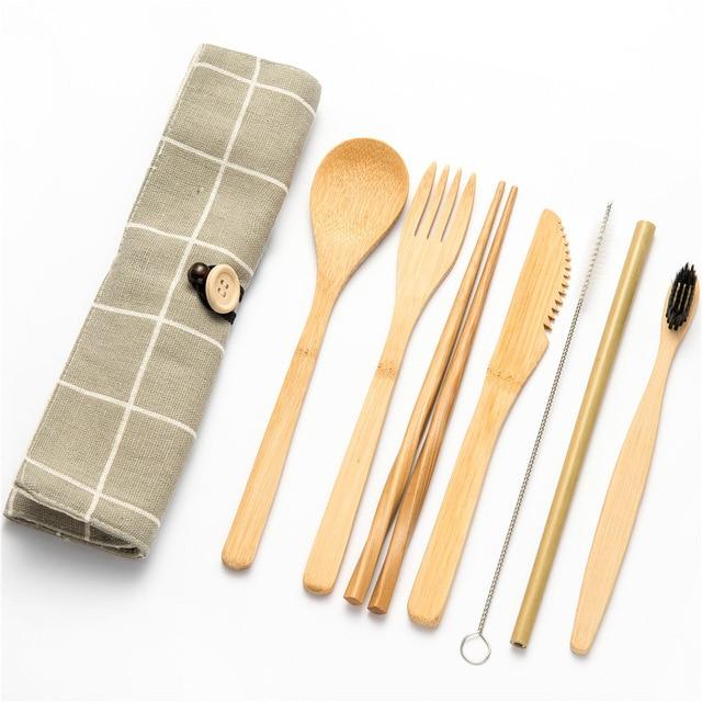 Tableware Set Bamboo Cutlery Set Wood Straw with Travel Cloth Bag Wooden Spoon Fork Knife Dinnerware Set Wholesale