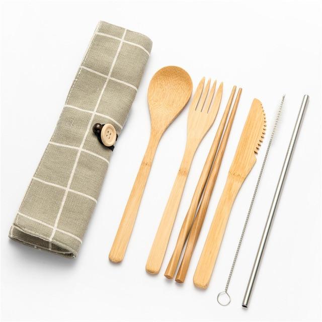 Tableware Set Bamboo Cutlery Set Wood Straw with Travel Cloth Bag Wooden Spoon Fork Knife Dinnerware Set Wholesale