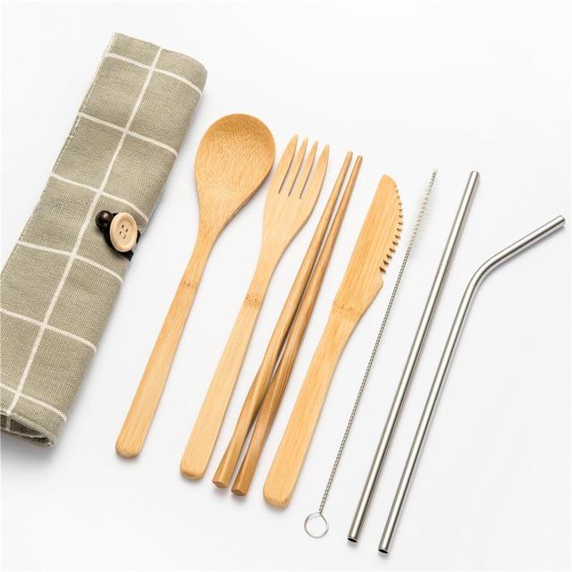 Tableware Set Bamboo Cutlery Set Wood Straw with Travel Cloth Bag Wooden Spoon Fork Knife Dinnerware Set Wholesale