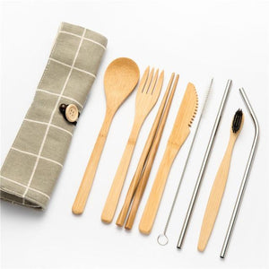 Tableware Set Bamboo Cutlery Set Wood Straw with Travel Cloth Bag Wooden Spoon Fork Knife Dinnerware Set Wholesale