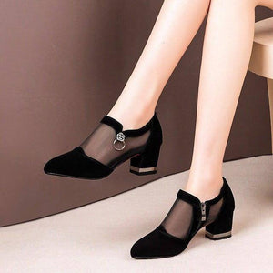 Summer Women High Heel Shoes Mesh Breathable Pumps Zip Pointed Toe Thick Heels