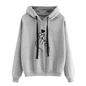 Women Hoodies Casual Kpop Finger Heart Love Pattern Hooded Sweatshirts Fashion Drawstring Long Sleeve Female Pullovers Plus Size