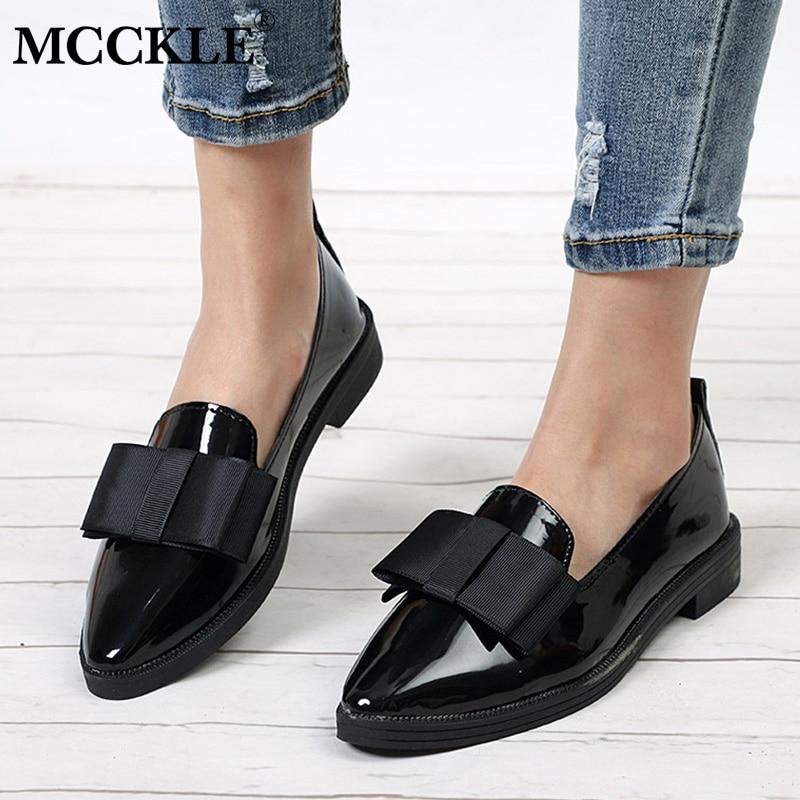 Women Bowtie Loafers Patent Leather Women's Low Heels Slip On