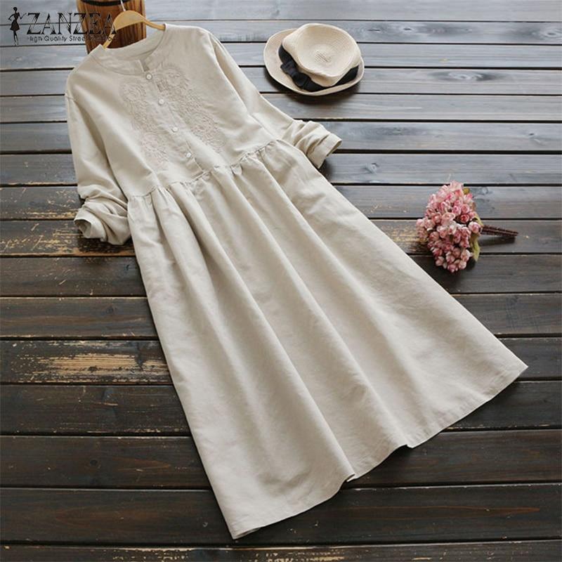 2019 Plus Size ZANZEA Autumn Vintage Embroidery Long Shirt Dress Women Casual Long Sleeve Cotton Linen Loose Party Vestidos