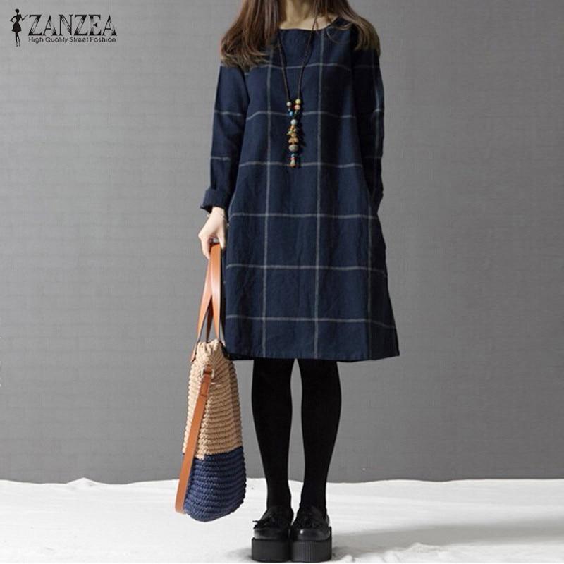 ZANZEA Winter Dress Women Long Sleeve Cotton Linen Plus Size Dresses Autumn Knee-length Casual Plaid Shirt Vestidos Robe Mujer