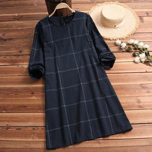 ZANZEA Winter Dress Women Long Sleeve Cotton Linen Plus Size Dresses Autumn Knee-length Casual Plaid Shirt Vestidos Robe Mujer