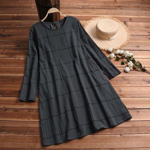 ZANZEA Winter Dress Women Long Sleeve Cotton Linen Plus Size Dresses Autumn Knee-length Casual Plaid Shirt Vestidos Robe Mujer