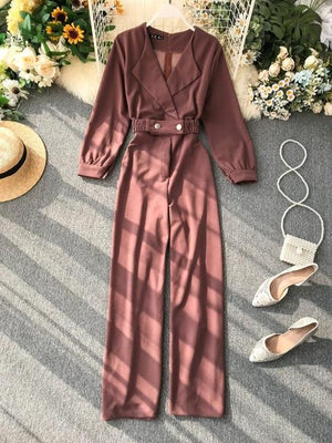 Office Lady  Elegant Jumpsuit Bandage High Waist Spring Autumn Casual Loose Overalls For Women