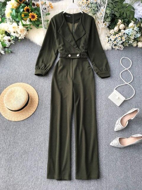 Office Lady  Elegant Jumpsuit Bandage High Waist Spring Autumn Casual Loose Overalls For Women