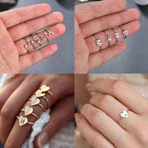 Initial Ring Silver Color Letter Adjustable Rings For Couple Lovers' Ring Rhinestone