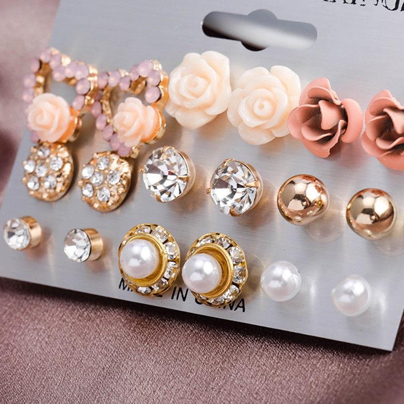 12/ 9 Pairs/Set Women's Pearl Flower Crystal Studs Earrings