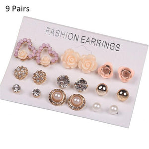 12/ 9 Pairs/Set Women's Pearl Flower Crystal Studs Earrings